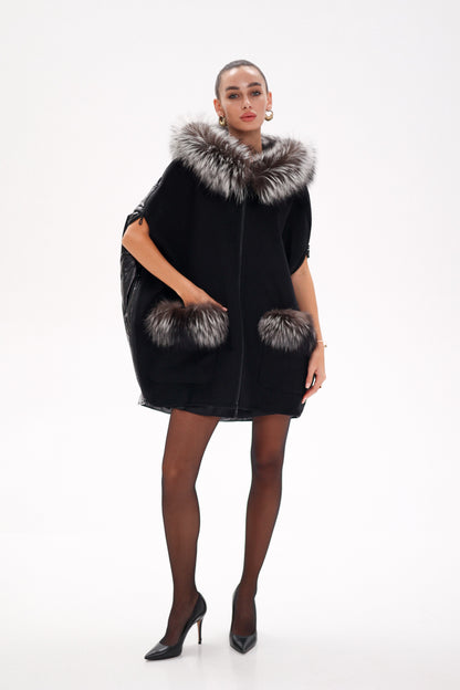 Saga®Furs Silver Fox Wool Alpaca Poncho Vest in Black