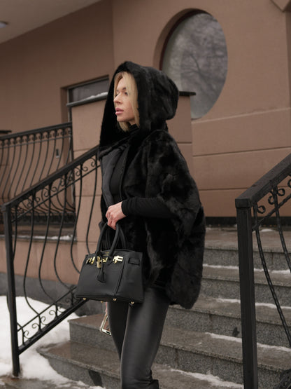 Genuine Scandinavian Mink Fur Poncho with Fully Lined Mink Hood