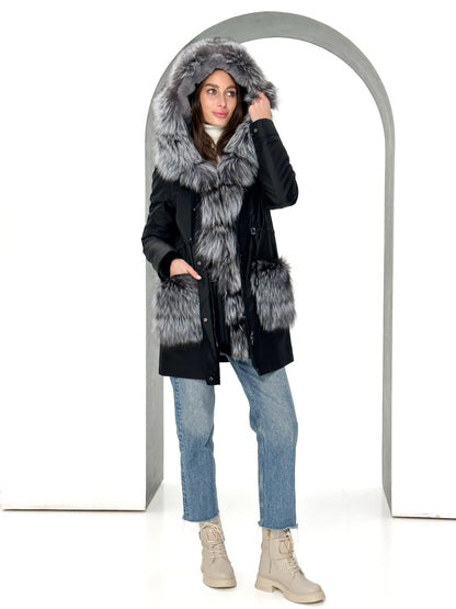 Roma Genuine Silver Fox Fur Rabbit Fur Insulated Parka in Black