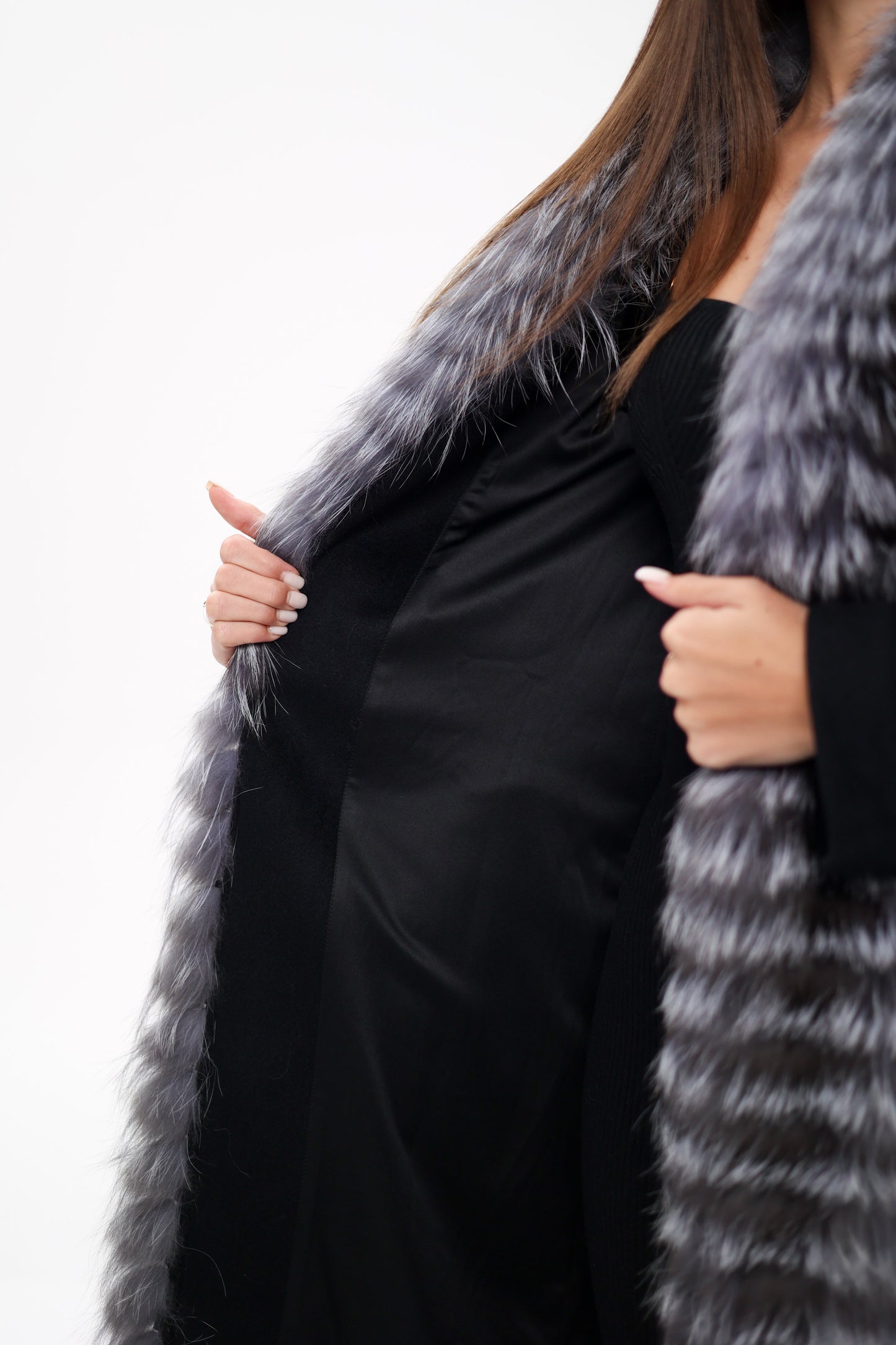 Silver Fox Virgin Wool Wrap Coat in Black