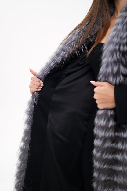 Silver Fox Virgin Wool Wrap Coat in Black