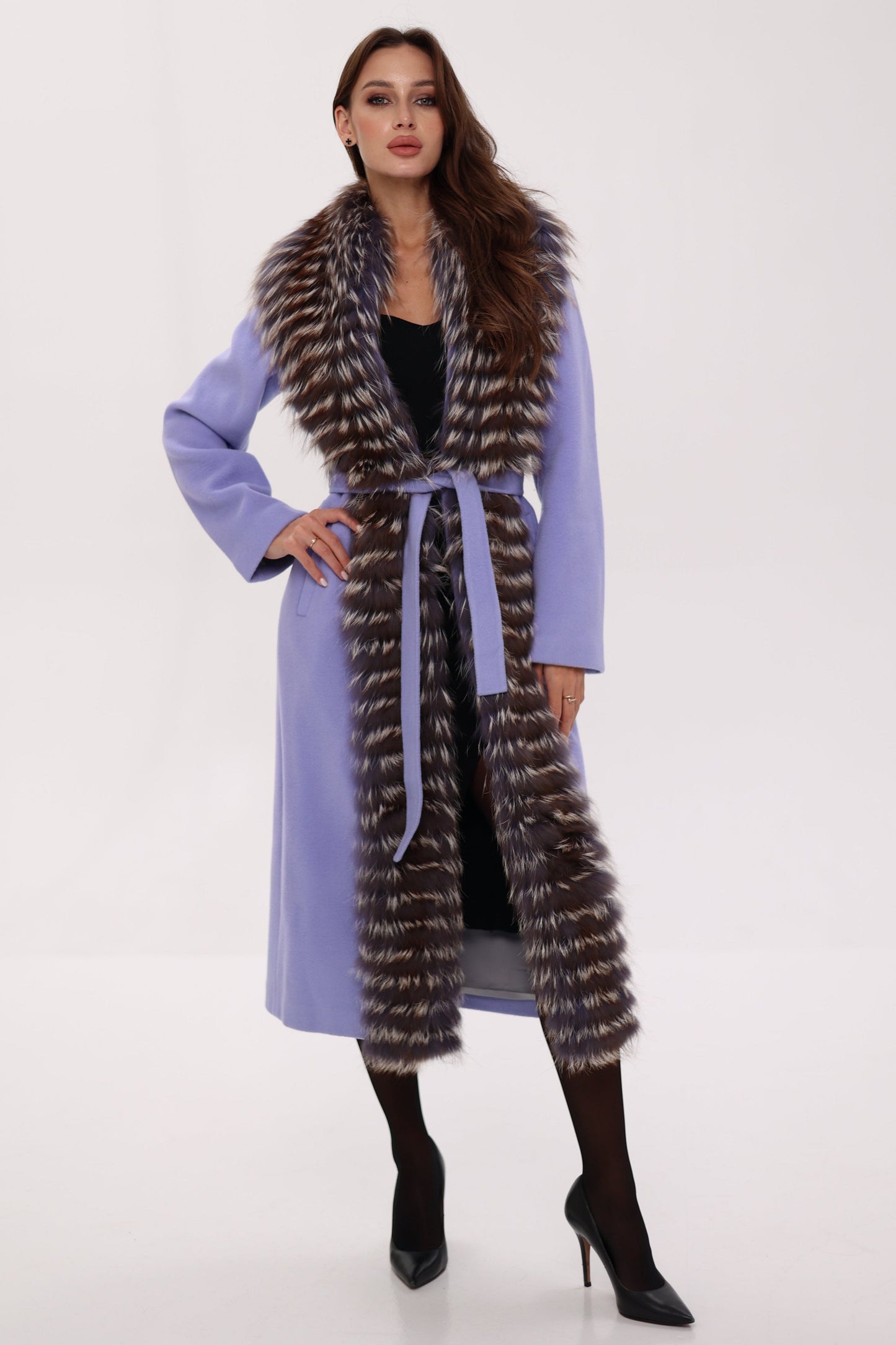 Silver Fox Virgin Wool Wrap Coat in Lavender