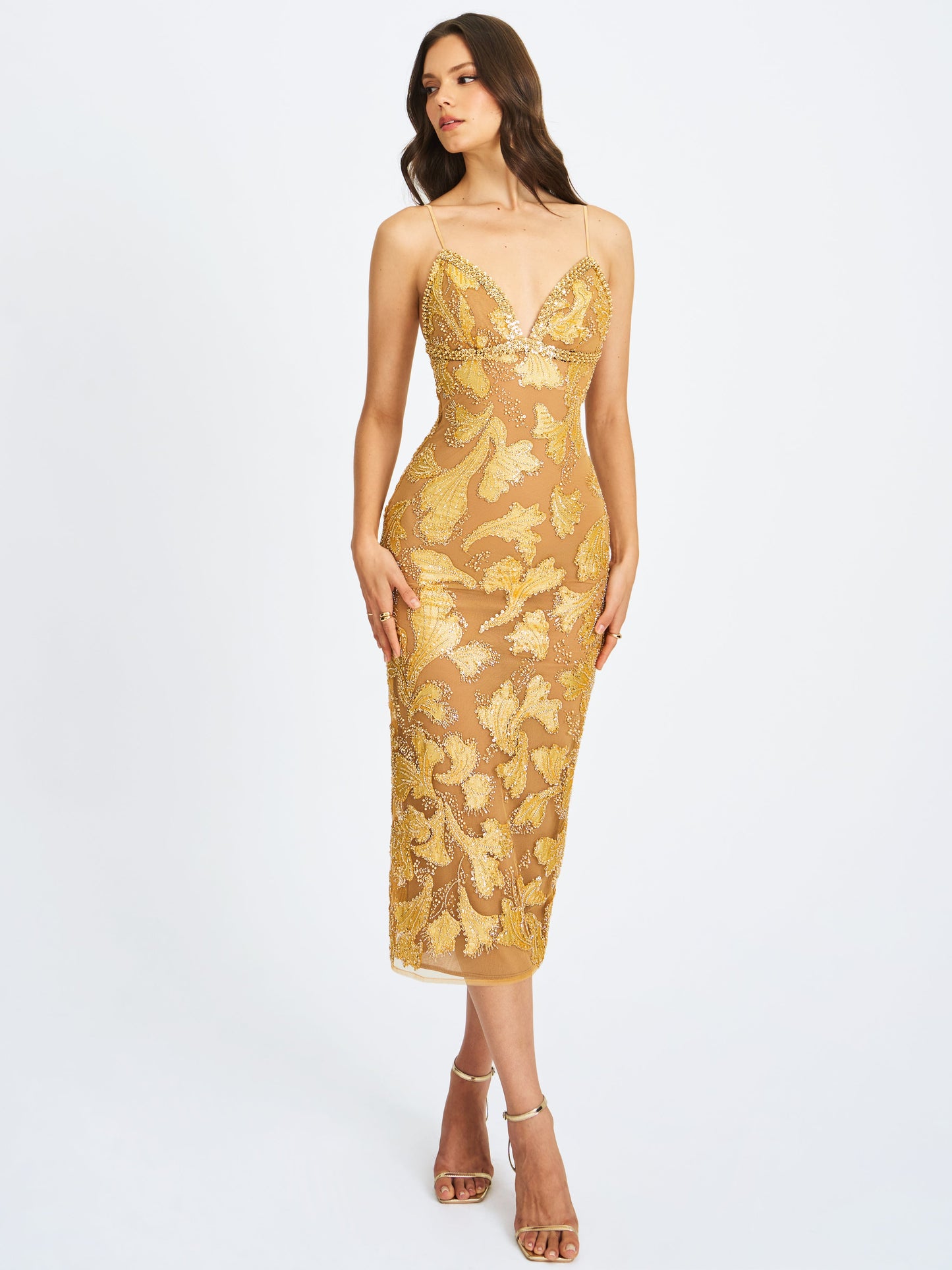 Edie Gold Beaded Sequin Midi Pencil Dress