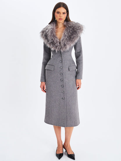Faye Grey Wool Blend Single-Breasted Coat with Removable Faux Fur Collar