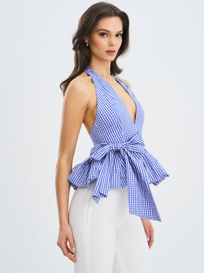 Ilene Blue and White Checkered Bubble Hem Halter Top