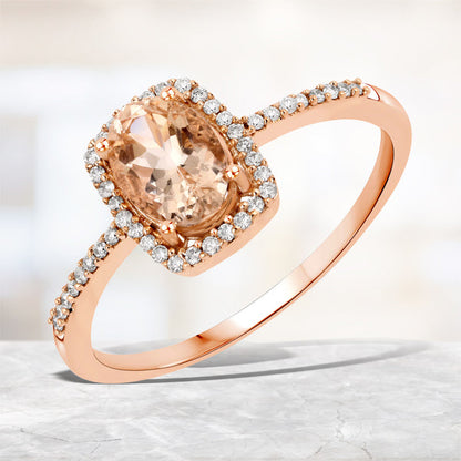 10K Rose Gold 0.70 Carat Oval Morganite and Diamond Halo Ring