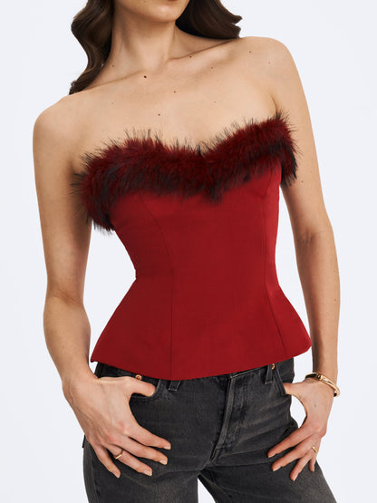 Ivette Crimson Fur-Trimmed Peplum Top