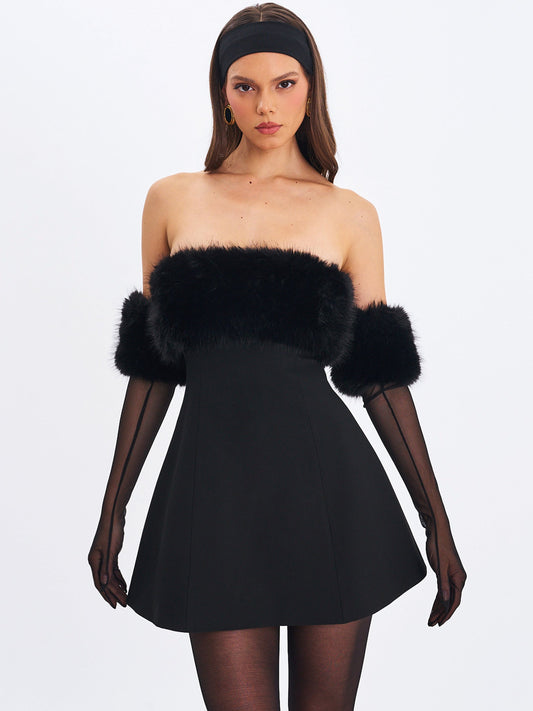 Evelyn Black Fur-Trimmed Mini A-Line Dress