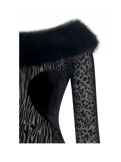 Alexis Black Velvet Animal Print Fur Boatneck Maxi Dress