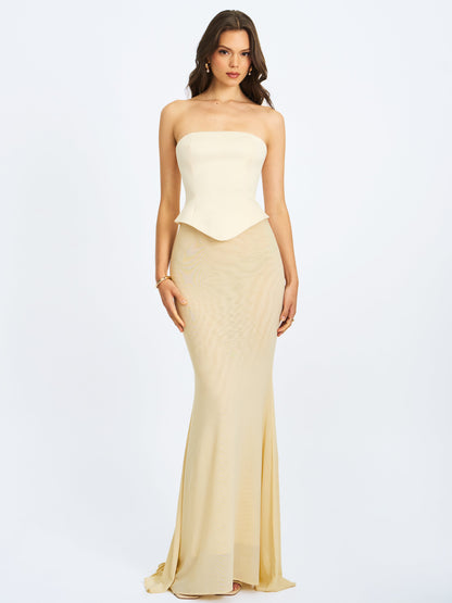 Adelina Butter Yellow Peplum Mermaid Gown with Lace-up Back