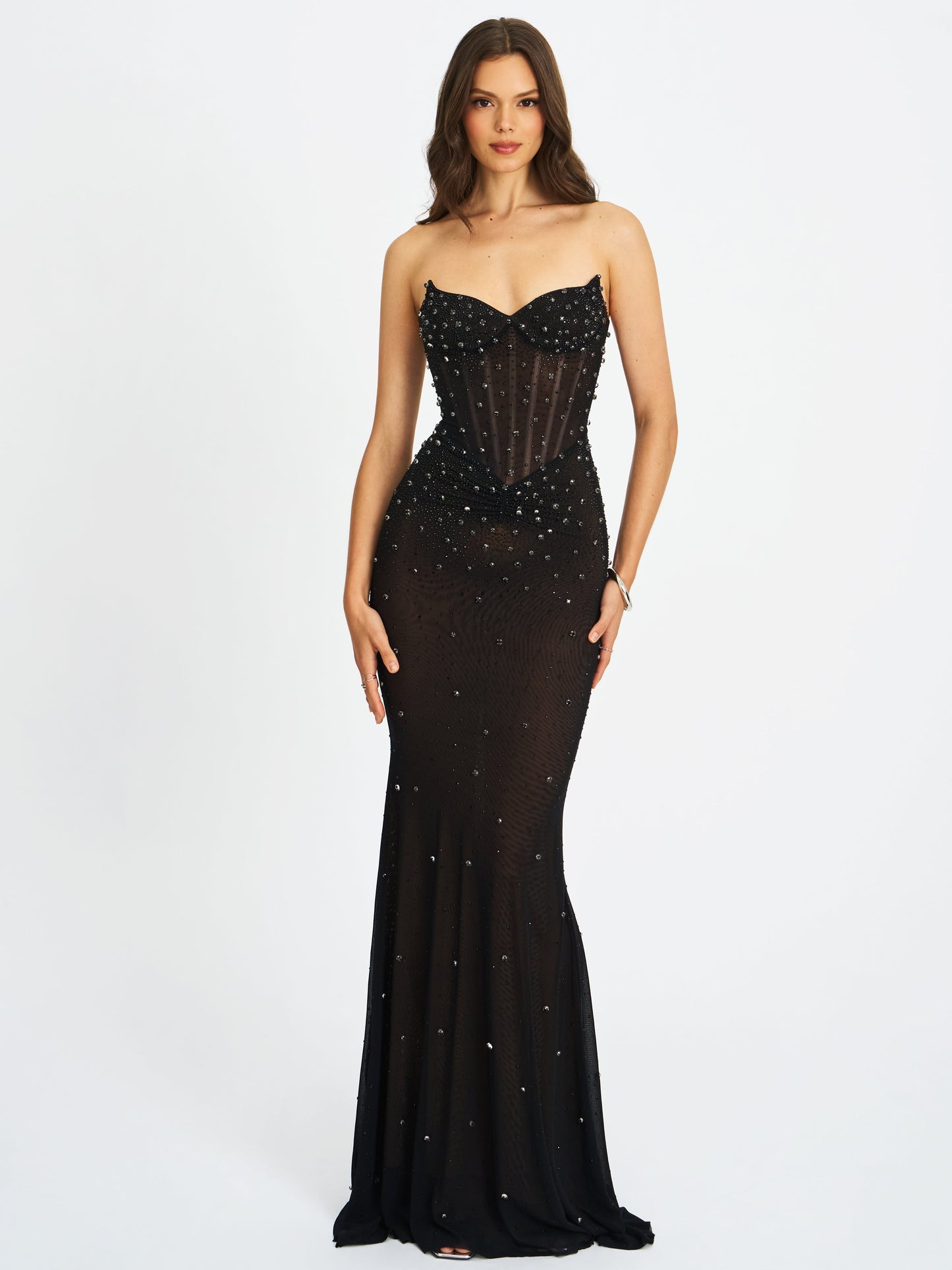 Fatima Black Crystal Sleeveless Corset Mermaid Maxi Dress