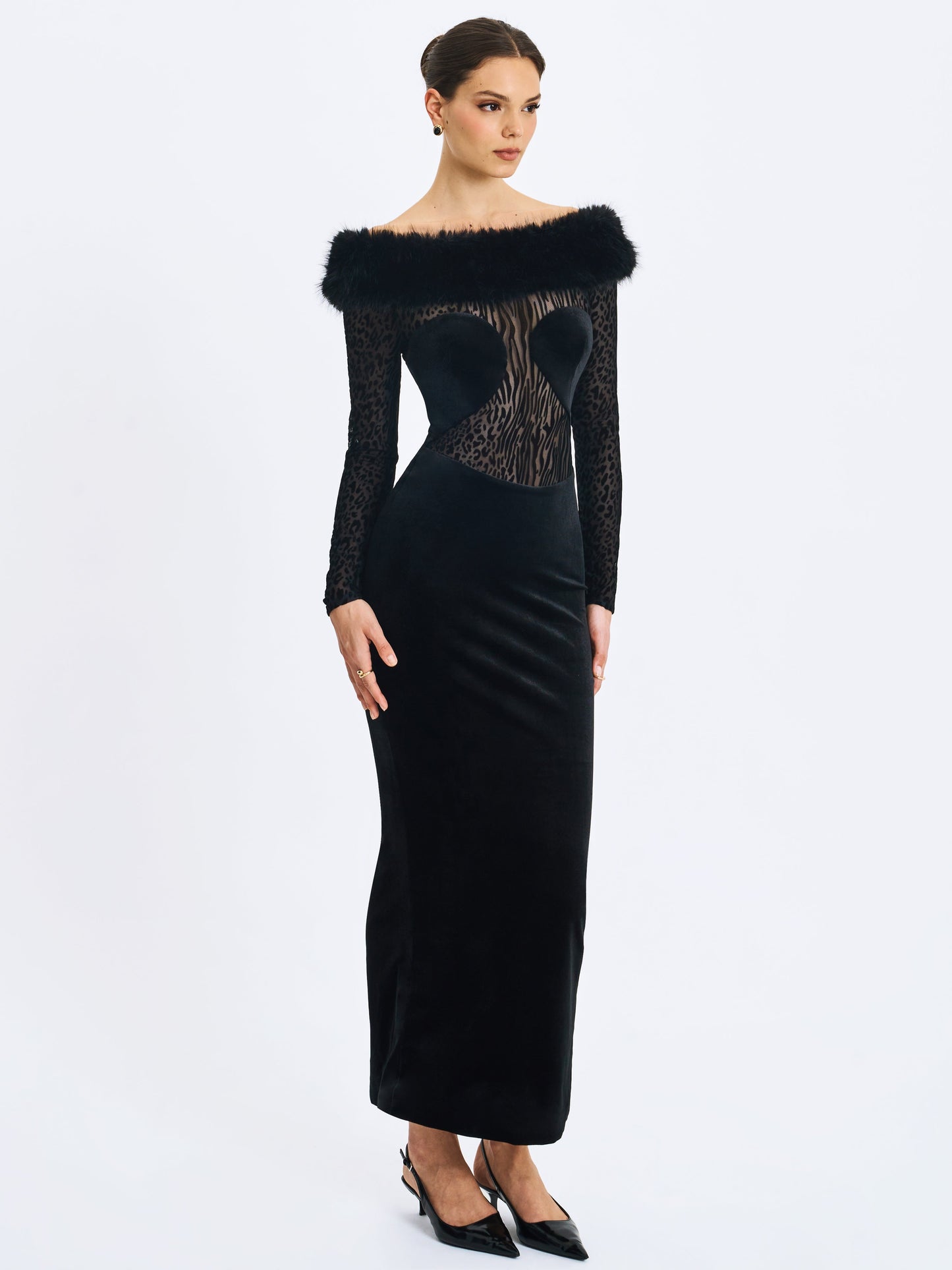 Alexis Black Velvet Animal Print Fur Boatneck Maxi Dress