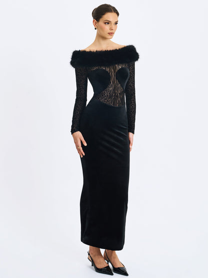 Alexis Black Velvet Animal Print Fur Boatneck Maxi Dress