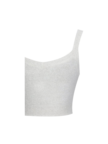 Selene White Wool-Blend Ribbed Knit V-Neck Top