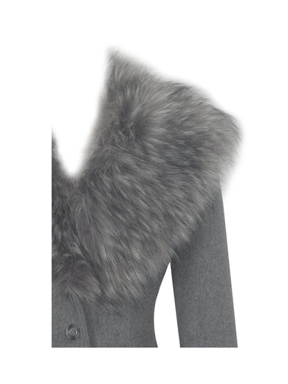 Faye Grey Wool Blend Single-Breasted Coat with Removable Faux Fur Collar