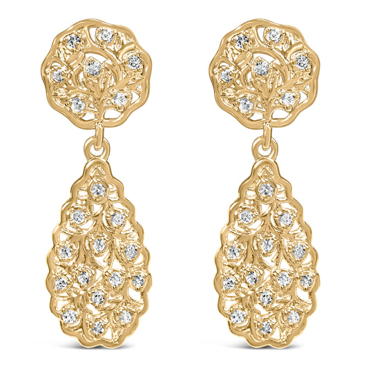 14K Yellow Gold-Plated Sterling Silver Diamond Teardrop Filigree Earrings
