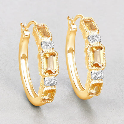 14K Yellow Gold Plated Sterling Silver Citrine and White Topaz Hoop Earrings