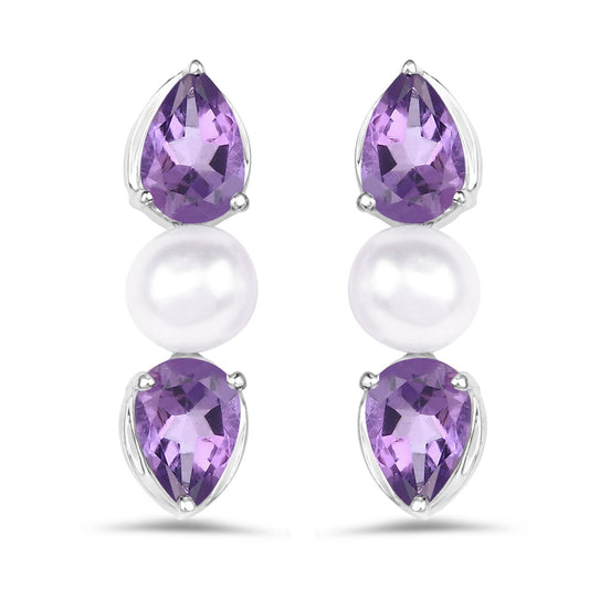 Sterling Silver Amethyst and Pearl Drop Earrings