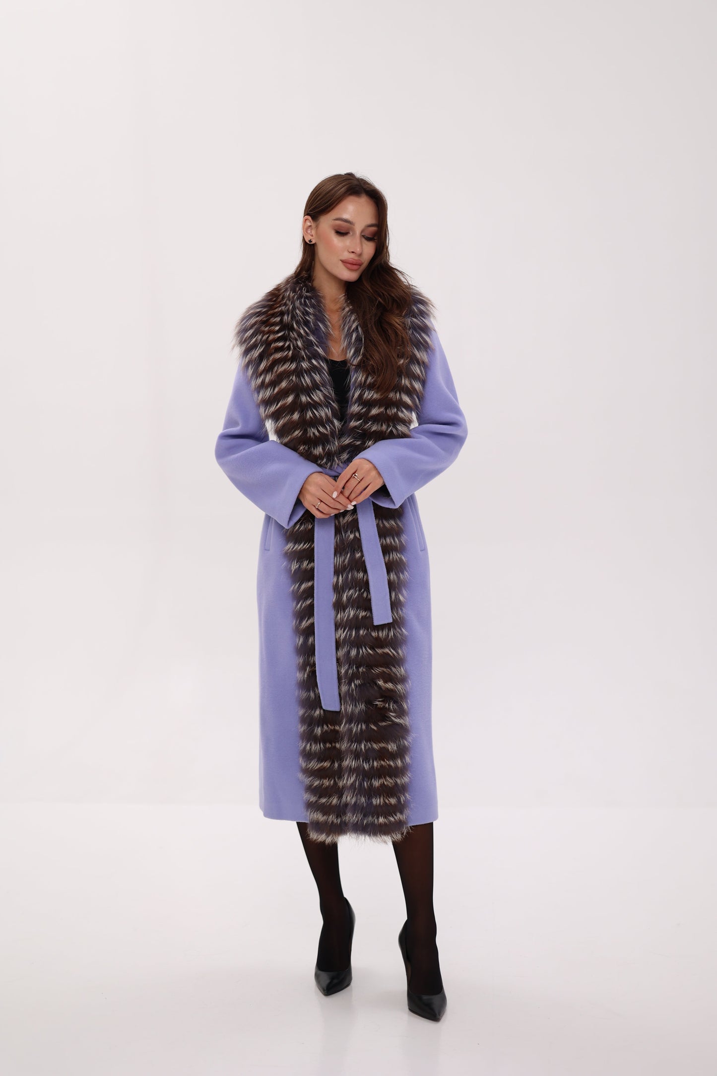 Silver Fox Virgin Wool Wrap Coat in Lavender