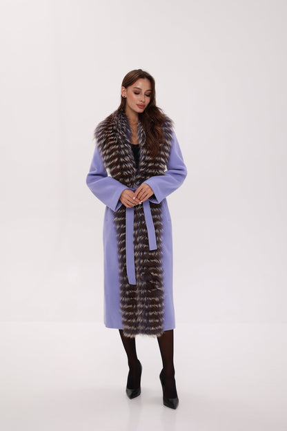 Silver Fox Virgin Wool Wrap Coat in Lavender