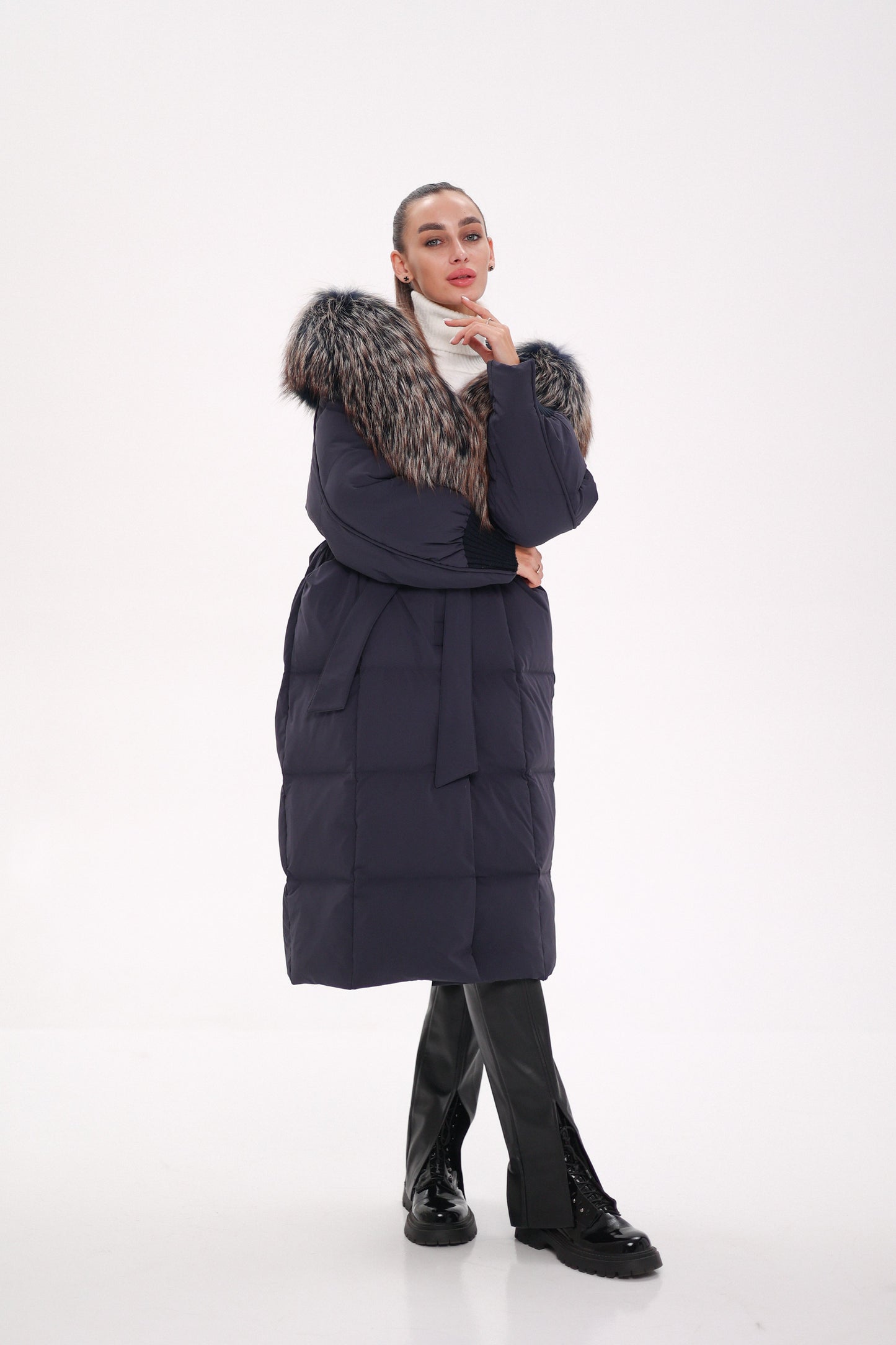Rei Fur Trim Hooded Down Coat Navy