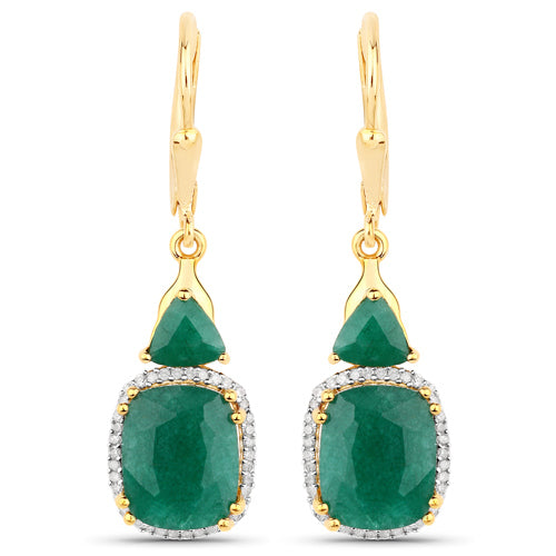 18K Gold Plated Sterling Silver Dyed Emerald and Diamond Dangle Earrings