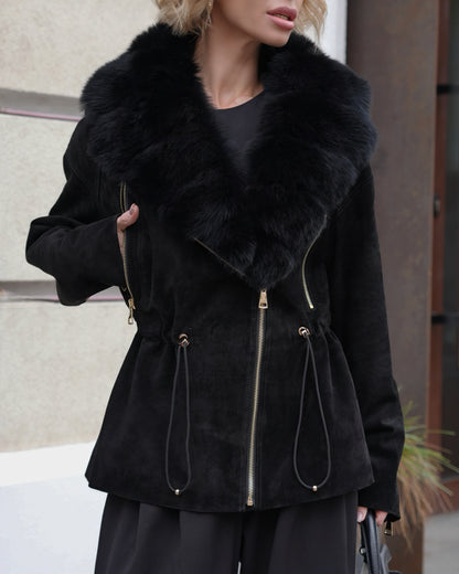 Vivienne Genuine Suede Polar Fox Trim Coat in Black