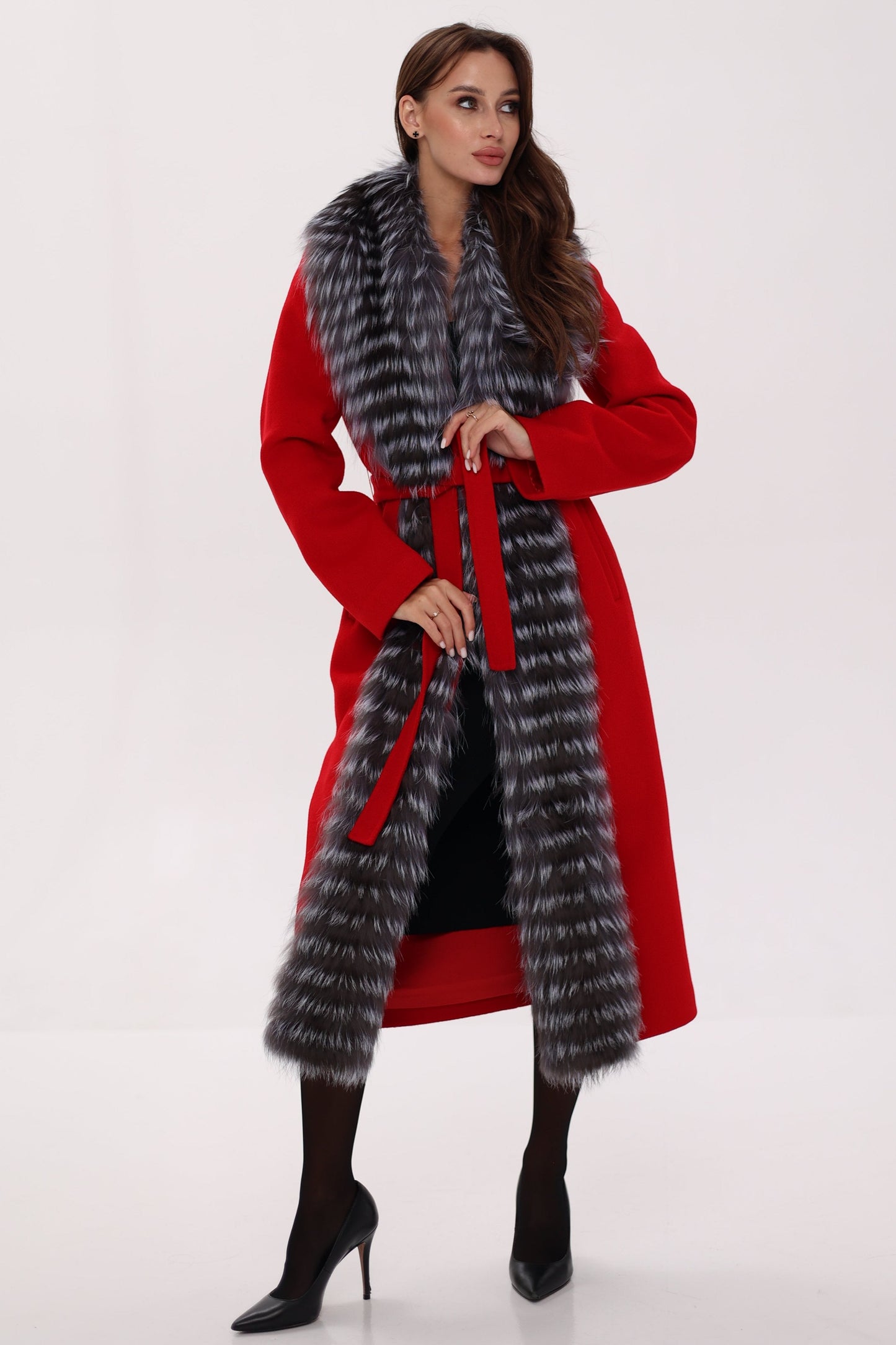 Silver Fox Virgin Wool Wrap Coat in Red