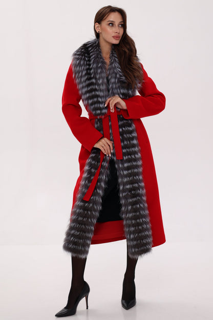 Silver Fox Virgin Wool Wrap Coat in Red