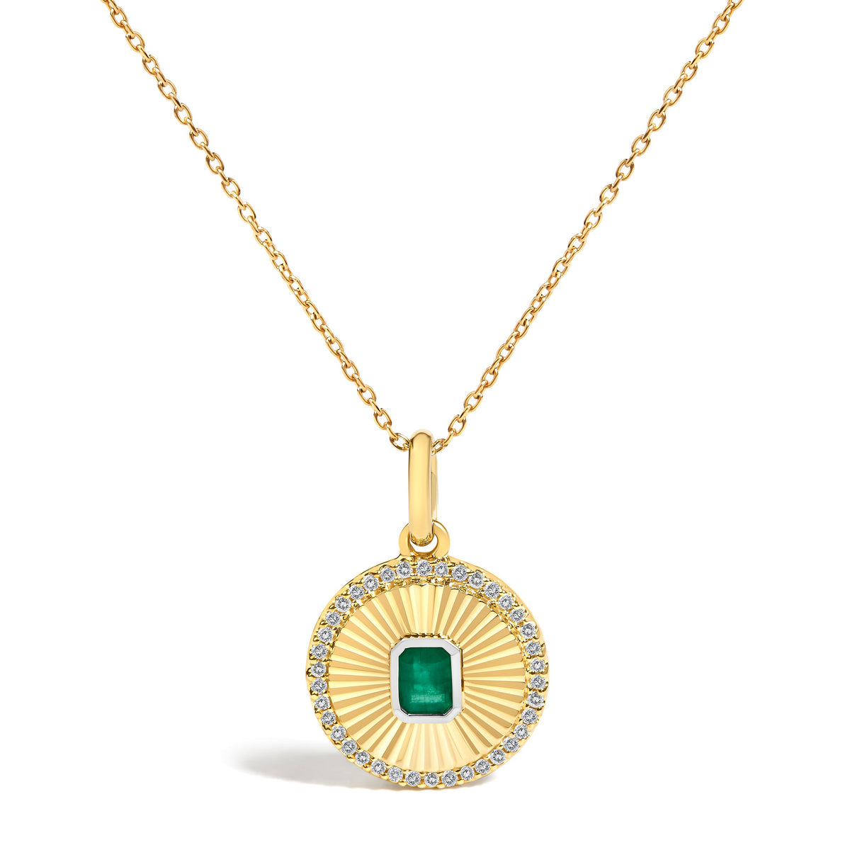 10K Yellow Gold 4x3 MM Emerald and 1/10 Cttw Diamond Circle Fluted Medallion Pendant Necklace
