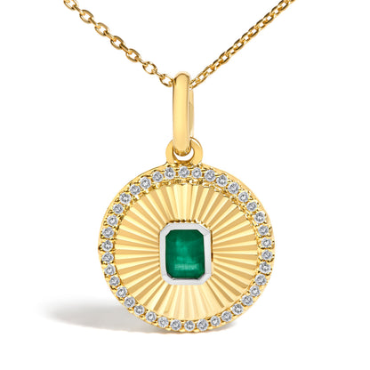 10K Yellow Gold 4x3 MM Emerald and 1/10 Cttw Diamond Circle Fluted Medallion Pendant Necklace