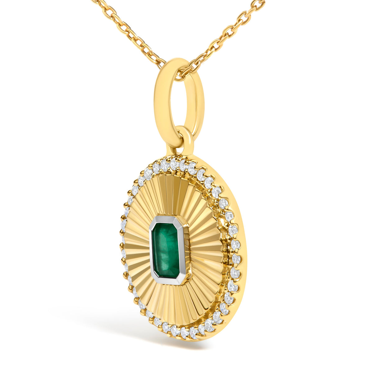 10K Yellow Gold 4x3 MM Emerald and 1/10 Cttw Diamond Circle Fluted Medallion Pendant Necklace