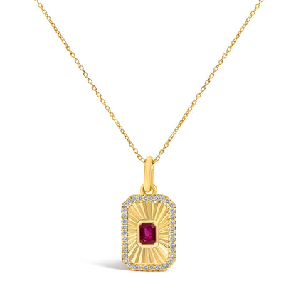 10K Yellow Gold 4x3 MM Ruby and 1/10 Cttw Diamond Rectangular Fluted Medallion Pendant Necklace