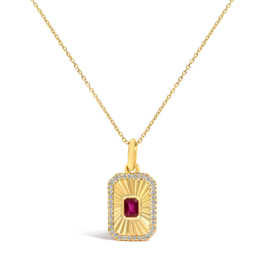 10K Yellow Gold Ruby and Diamond Fluted Medallion Pendant Necklace