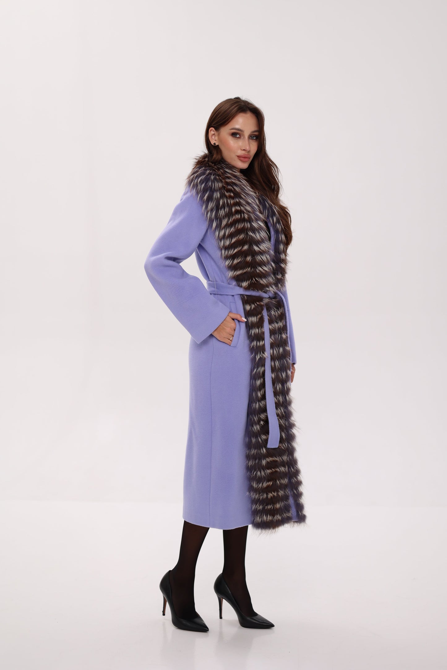 Silver Fox Virgin Wool Wrap Coat in Lavender