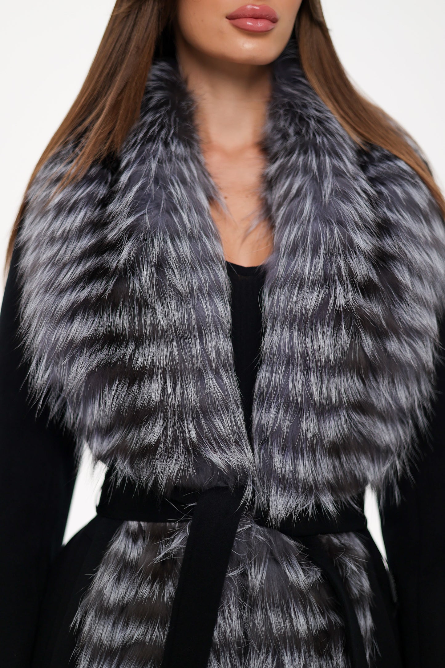 Silver Fox Virgin Wool Wrap Coat in Black