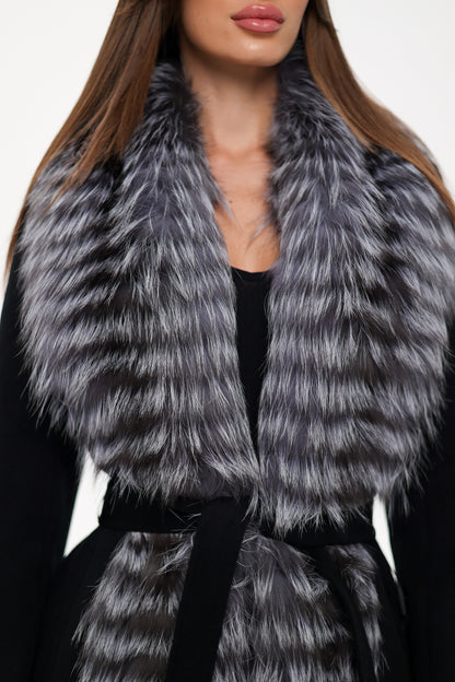 Silver Fox Virgin Wool Wrap Coat in Black