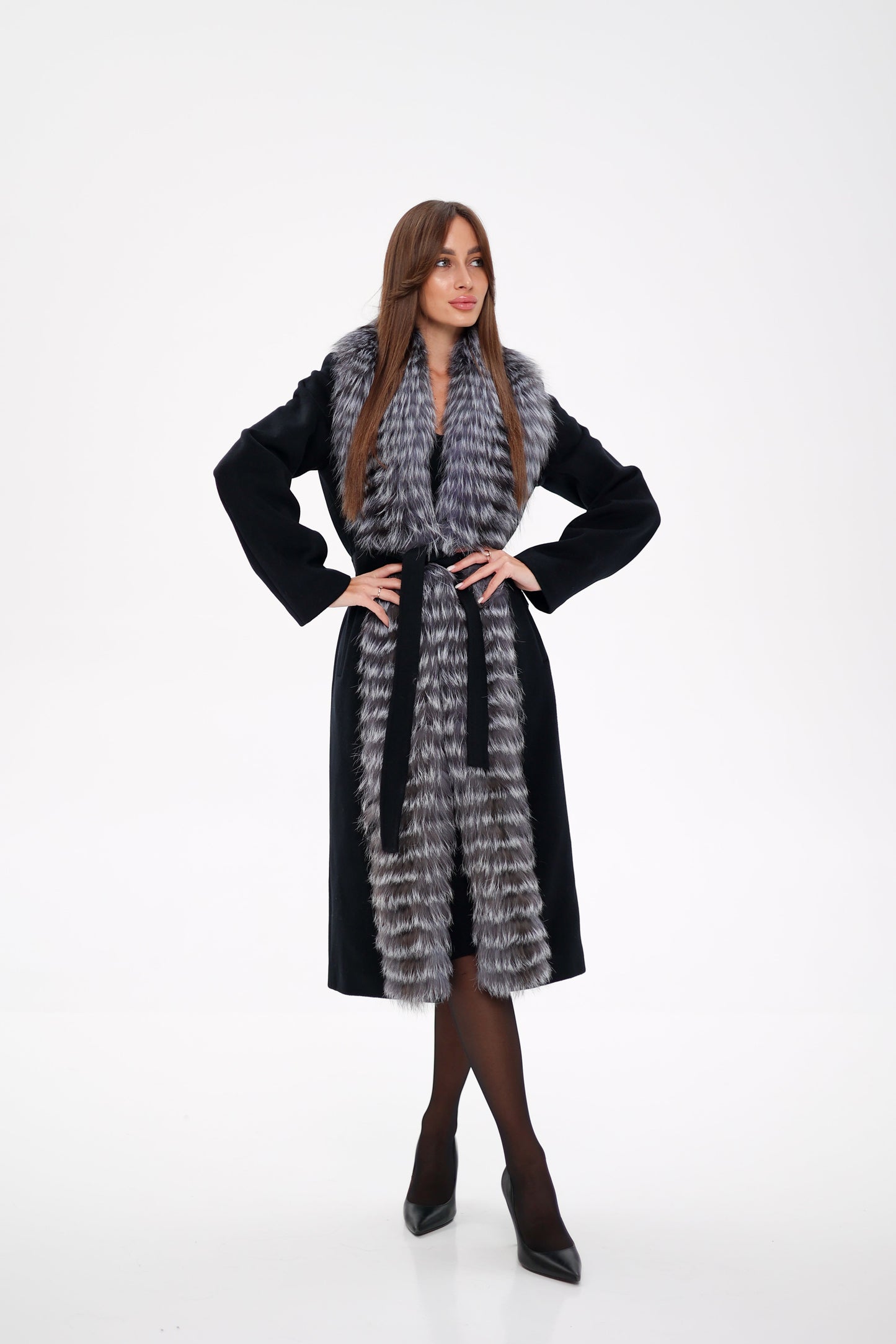 Silver Fox Virgin Wool Wrap Coat in Black