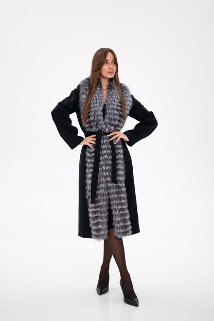 Silver Fox Virgin Wool Wrap Coat in Black