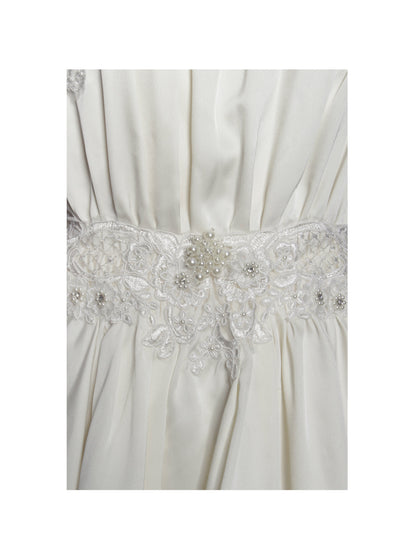 Idalia Pearl White Beaded Lace Trim Backless Halter Mini Dress