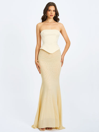 Adelina Butter Yellow Peplum Mermaid Gown with Lace-up Back