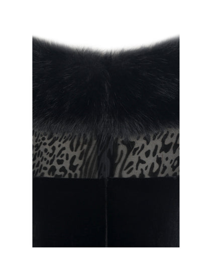 Alexis Black Velvet Animal Print Fur Boatneck Maxi Dress