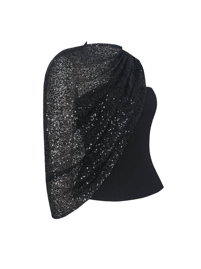 Quinette Black Peplum Top with Beaded Asymmetrical Cape