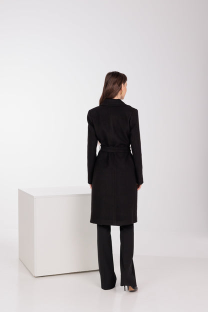 Geneva Classic Wraparound Wool Blend Overcoat in Black
