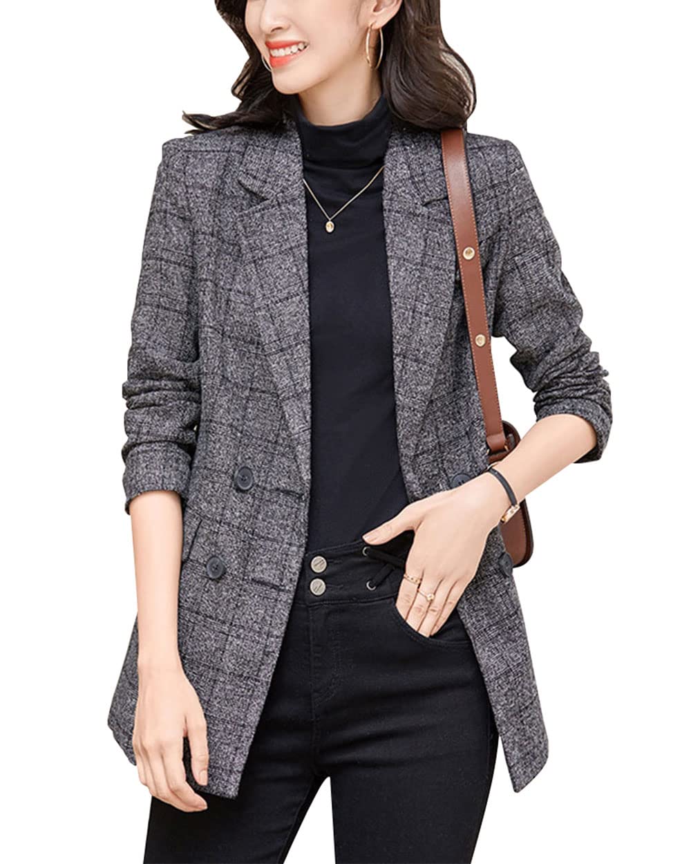2 Button Boyfriend Blazer Suit Houndstooth Plaid Jacket Coat