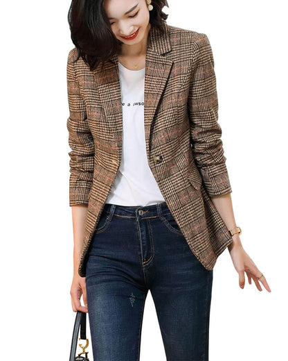 2 Button Boyfriend Blazer Suit Houndstooth Plaid Jacket Coat