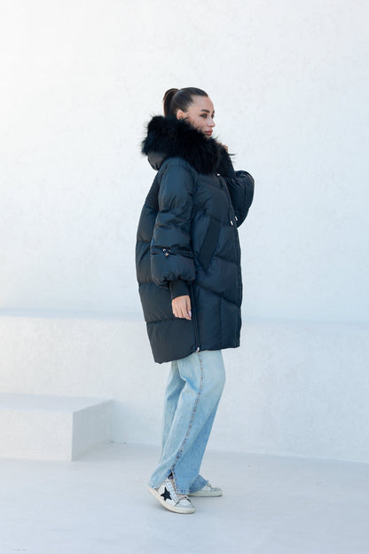 Celeste Fur Trim Down Fill Coat Black Coat