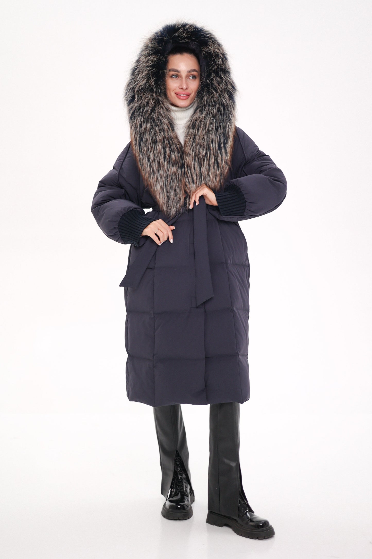 Rei Fur Trim Hooded Down Coat Navy