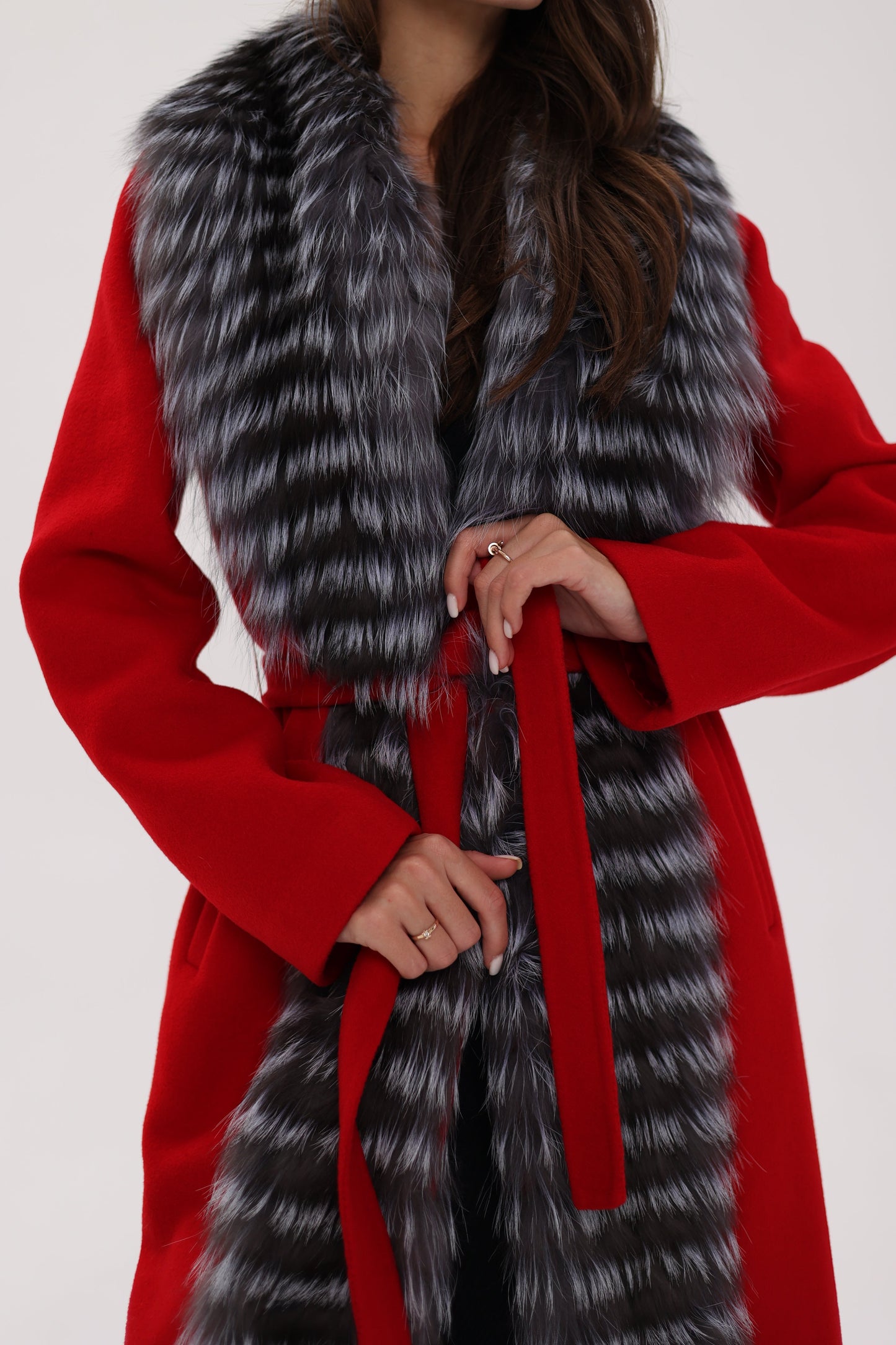 Silver Fox Virgin Wool Wrap Coat in Red