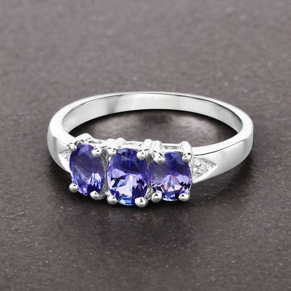1.11 Carat Genuine Tanzanite and White Diamond .925 Sterling Silver Ring